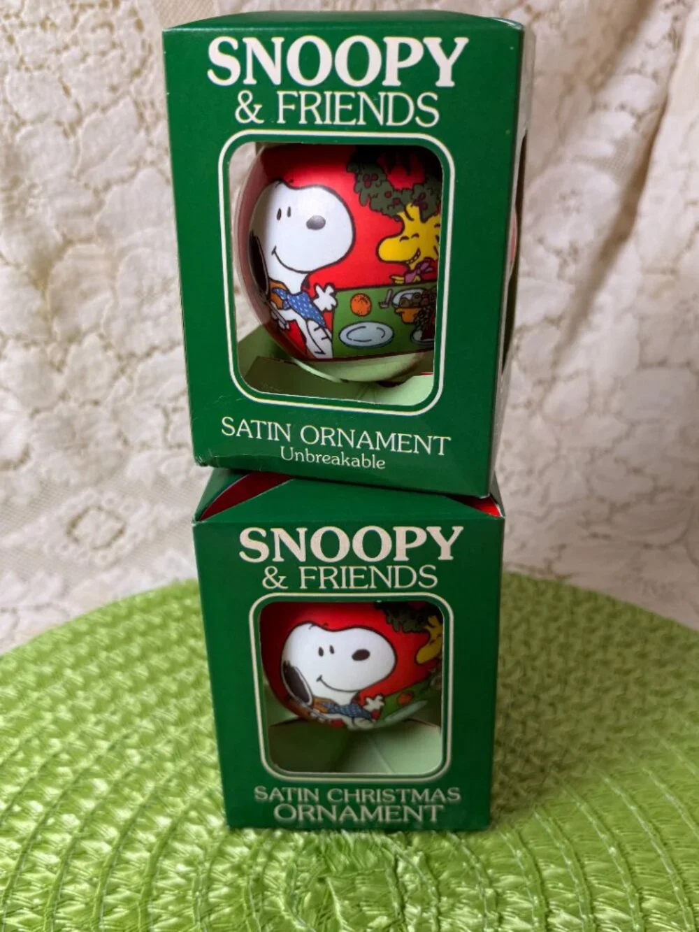 Snoopy & Friends Happy Holidays Peanuts Satin Ball Christmas Ornaments Set Of 2